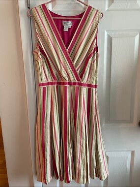Adrianna Papell Pink, Cream & Green Striped Sleeveless Midi Dress